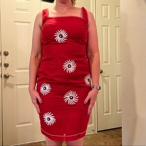 Philosophy by Di Alberta Ferreti red dress with floral embroidery.